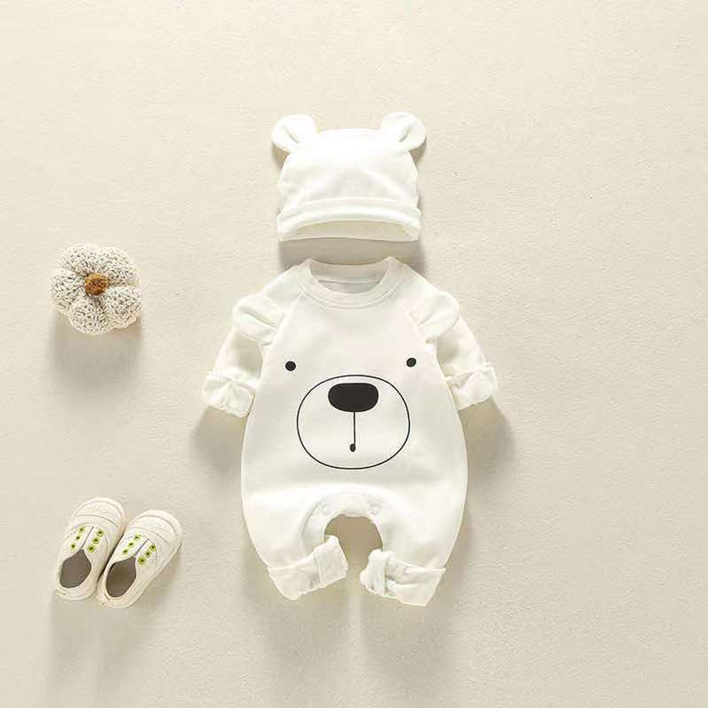 MyKids-USA® Baby Girl Bear Print Pattern Solid Color Long-Sleeved Rompers With Hat In Spring & Autumn