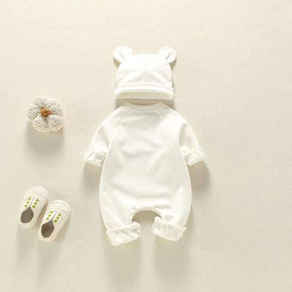 MyKids-USA® Baby Girl Bear Print Pattern Solid Color Long-Sleeved Rompers With Hat In Spring & Autumn