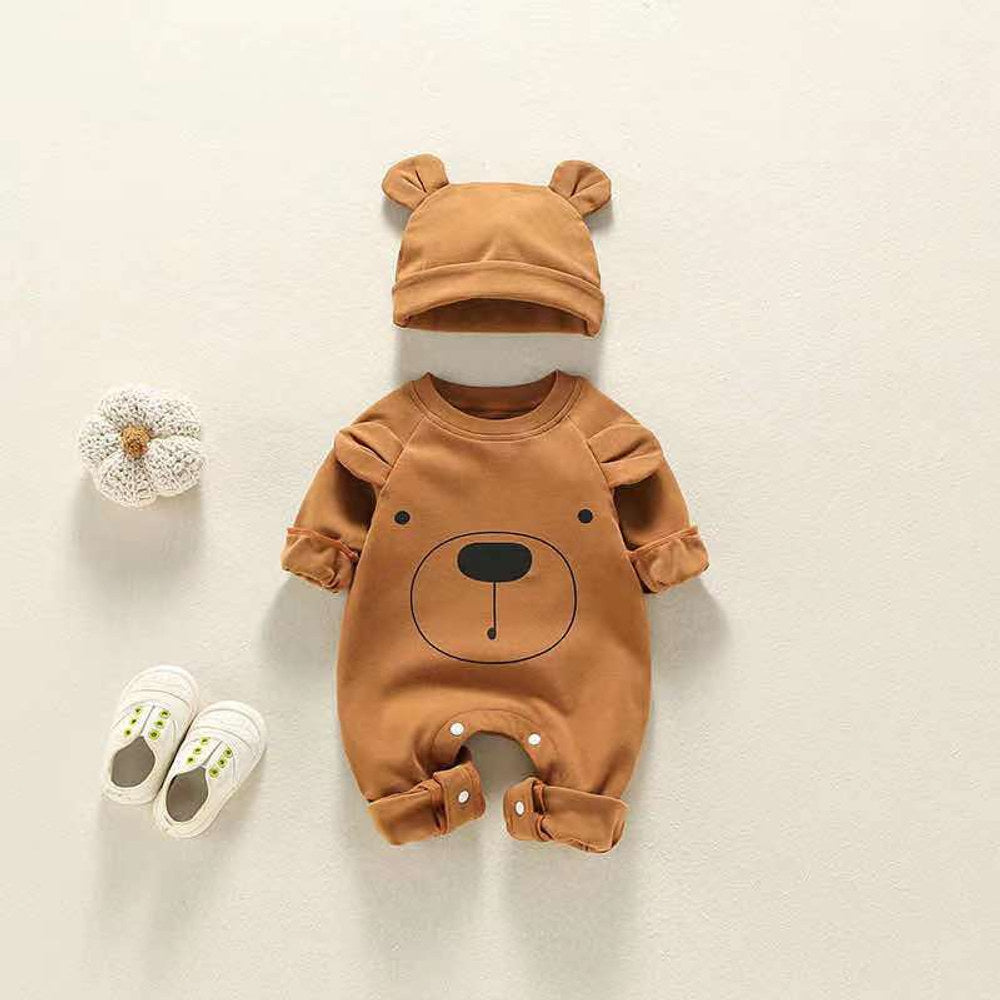 MyKids-USA® Baby Girl Bear Print Pattern Solid Color Long-Sleeved Rompers With Hat In Spring & Autumn