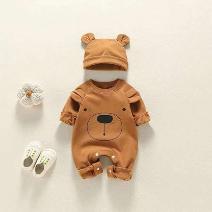 MyKids-USA® Baby Girl Bear Print Pattern Solid Color Long-Sleeved Rompers With Hat In Spring & Autumn
