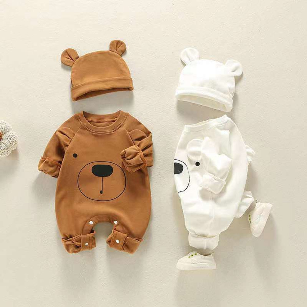 MyKids-USA® Baby Girl Bear Print Pattern Solid Color Long-Sleeved Rompers With Hat In Spring & Autumn
