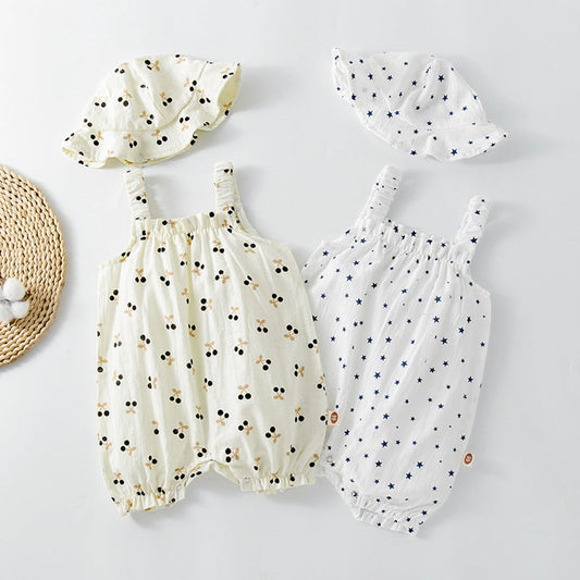 Baby Printed Pattern Sleeveless Rompers With Hat In Summer