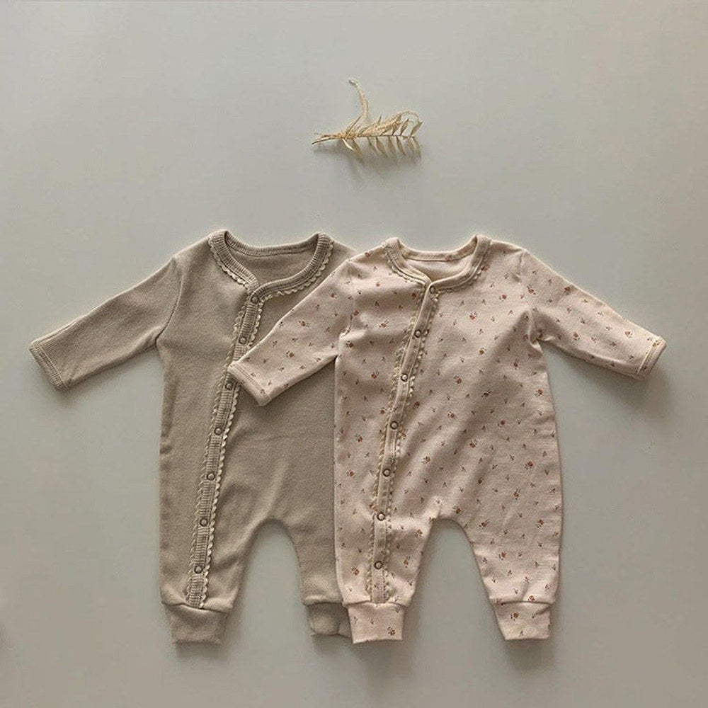 MyKids-USA® Baby Flower Pattern & Solid Color Lace Design Button Front Jumpsuit