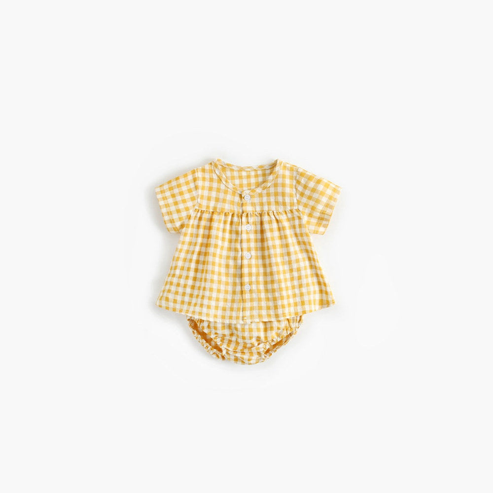 MyKids-USA® Baby Girl Plaid Pattern Single Breasted Design Shirt Combo Shorts Sets