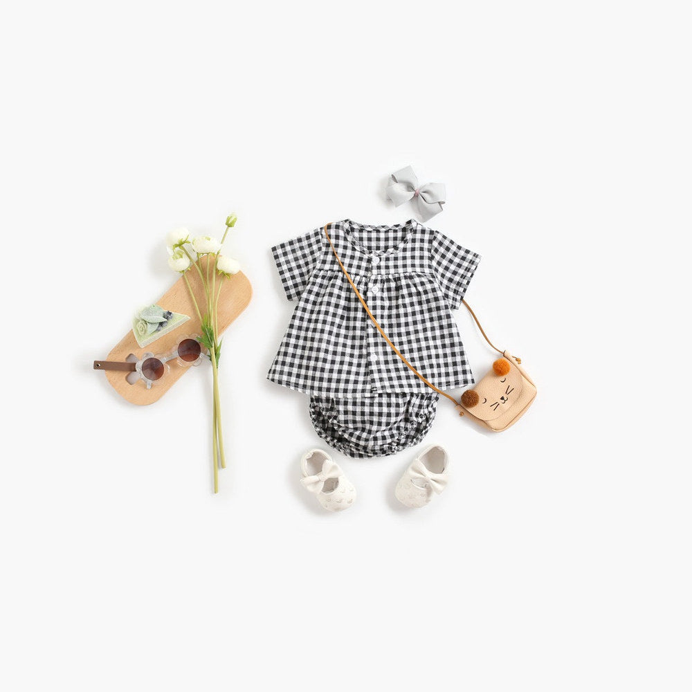 MyKids-USA® Baby Girl Plaid Pattern Single Breasted Design Shirt Combo Shorts Sets