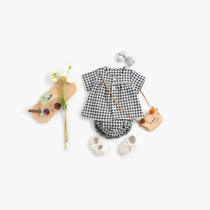 MyKids-USA® Baby Girl Plaid Pattern Single Breasted Design Shirt Combo Shorts Sets