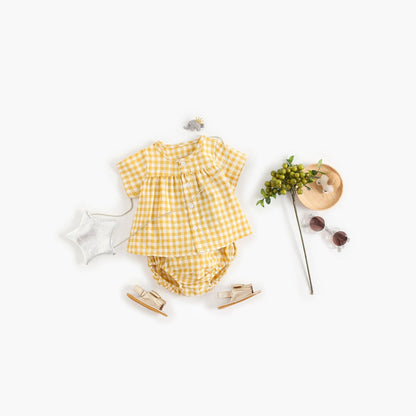 MyKids-USA® Baby Girl Plaid Pattern Single Breasted Design Shirt Combo Shorts Sets