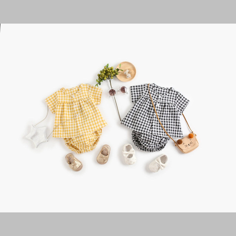 MyKids-USA® Baby Girl Plaid Pattern Single Breasted Design Shirt Combo Shorts Sets