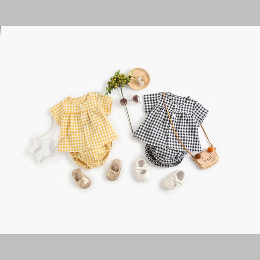 MyKids-USA® Baby Girl Plaid Pattern Single Breasted Design Shirt Combo Shorts Sets