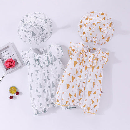MyKids-USA® Baby Geometric Pattern Ruffle Design Sleeveless Rompers With Hat In Summe