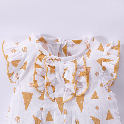 MyKids-USA® Baby Geometric Pattern Ruffle Design Sleeveless Rompers With Hat In Summe