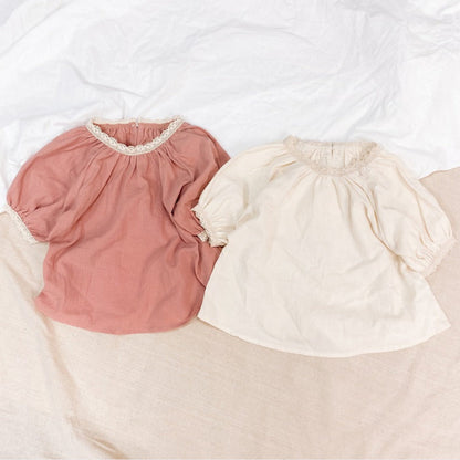 MyKids-USA® Baby Girls Solid Color Lace Design Puff-Sleeved T-Shirt In