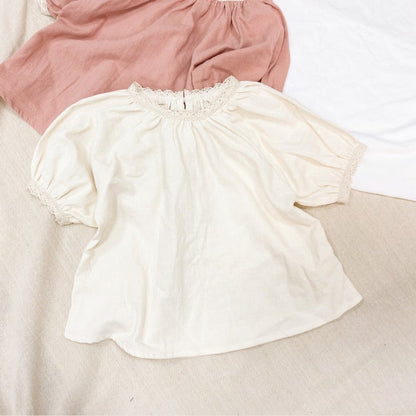 MyKids-USA® Baby Girls Solid Color Lace Design Puff-Sleeved T-Shirt In