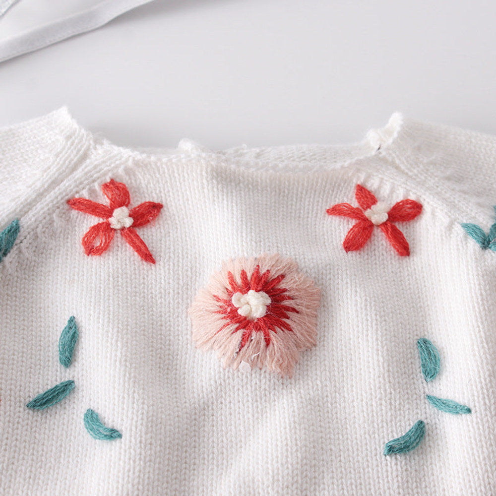 MyKids-USA® Baby Girl 1pc Floral Embroidered Graphic Contrast Design Head Knitted Belted bodysuit