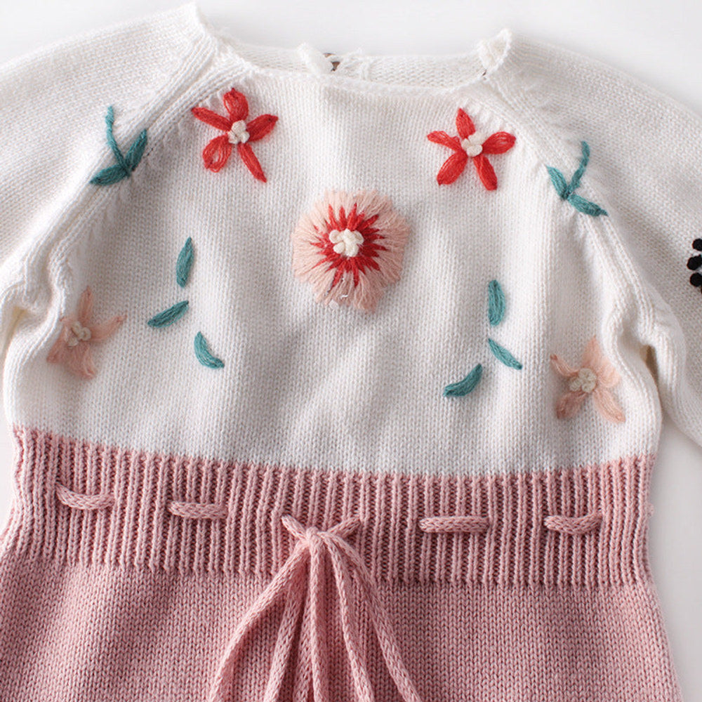 MyKids-USA® Baby Girl 1pc Floral Embroidered Graphic Contrast Design Head Knitted Belted bodysuit