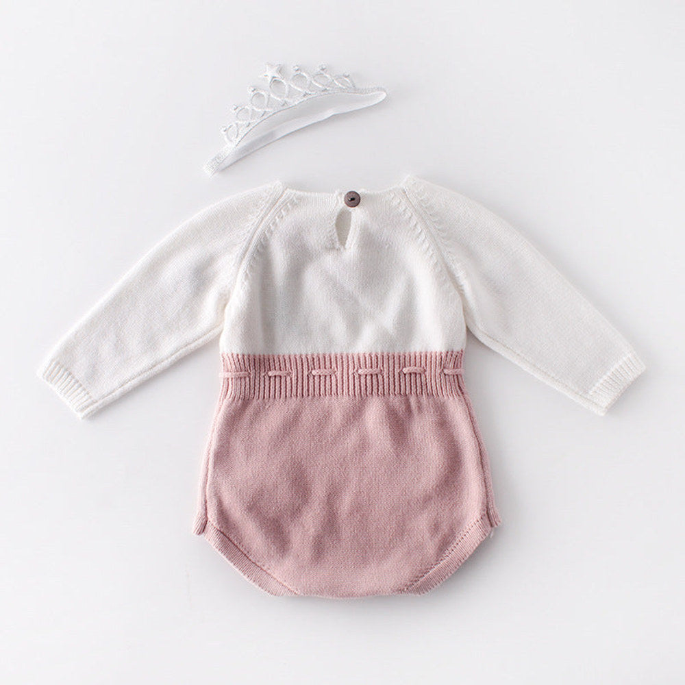 MyKids-USA® Baby Girl 1pc Floral Embroidered Graphic Contrast Design Head Knitted Belted bodysuit