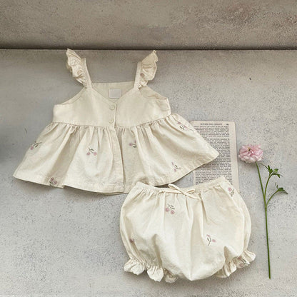 MyKids-USA® Baby Girl 1pc Floral Embroidered Graphic Ruffle Sling Tops & Shorts Sets