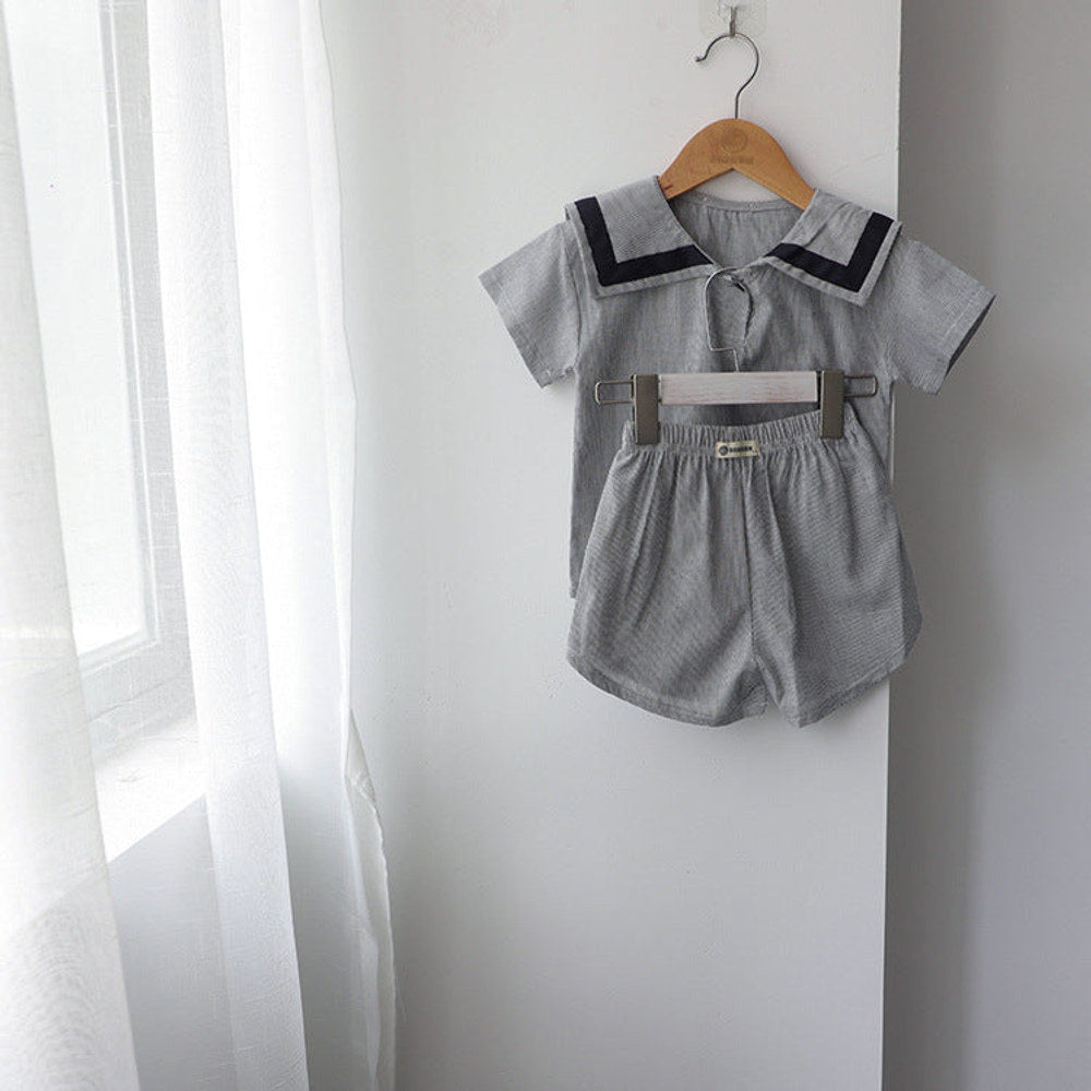 MyKids-USA® Baby Girl Contrast Tape Lapel Tops & Shorts Navy Style College Sets