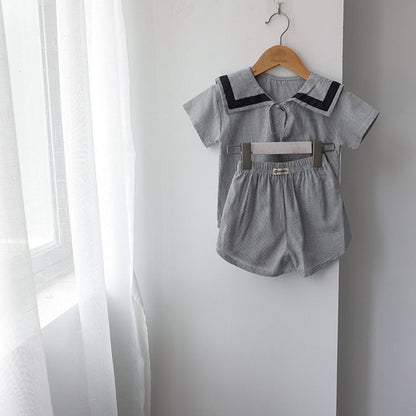 MyKids-USA® Baby Girl Contrast Tape Lapel Tops & Shorts Navy Style College Sets