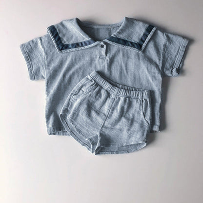 MyKids-USA® Baby Girl Contrast Tape Lapel Tops & Shorts Navy Style College Sets
