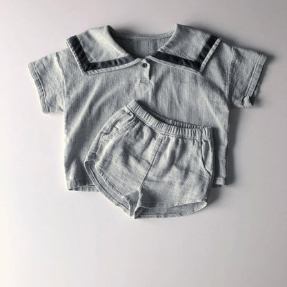 MyKids-USA® Baby Girl Contrast Tape Lapel Tops & Shorts Navy Style College Sets