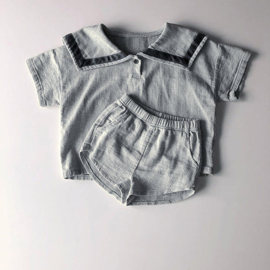 MyKids-USA® Baby Girl Contrast Tape Lapel Tops & Shorts Navy Style College Sets