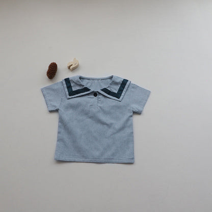MyKids-USA® Baby Girl Contrast Tape Lapel Tops & Shorts Navy Style College Sets
