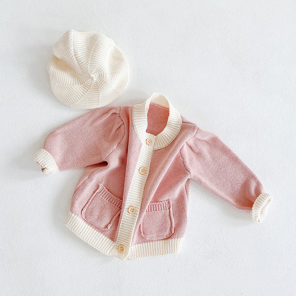 MyKids-USA® Baby Girl Contrast Pattern Buttoned Front Puff Sleeve Knitted Cardigan