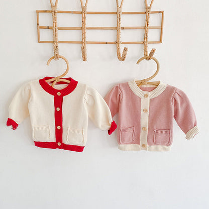 MyKids-USA® Baby Girl Contrast Pattern Buttoned Front Puff Sleeve Knitted Cardigan