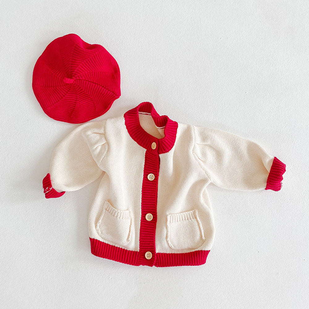 MyKids-USA® Baby Girl Contrast Pattern Buttoned Front Puff Sleeve Knitted Cardigan