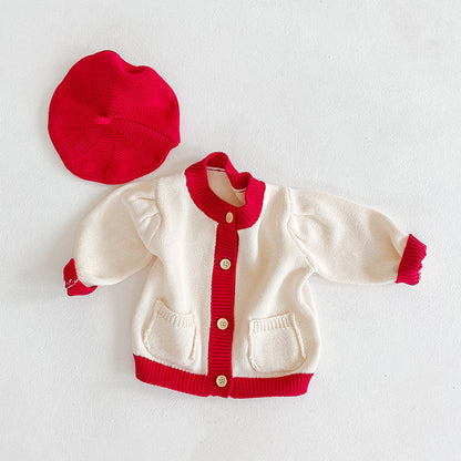 MyKids-USA® Baby Girl Contrast Pattern Buttoned Front Puff Sleeve Knitted Cardigan