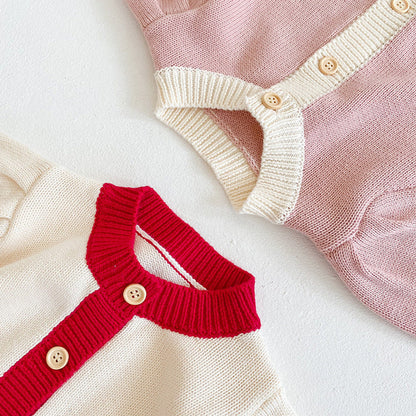 MyKids-USA® Baby Girl Contrast Pattern Buttoned Front Puff Sleeve Knitted Cardigan