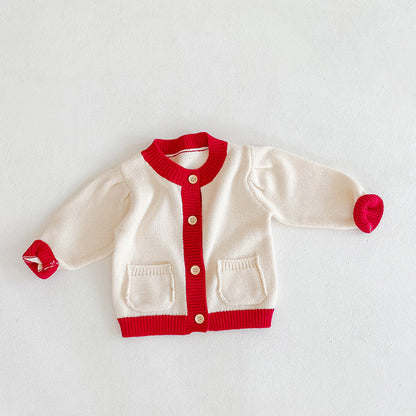 MyKids-USA® Baby Girl Contrast Pattern Buttoned Front Puff Sleeve Knitted Cardigan