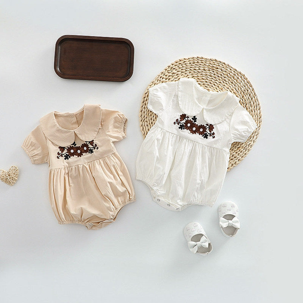 MyKids-USA® Baby Girl Floral Embroidered Pattern Doll Neck Solid Color bodysuit
