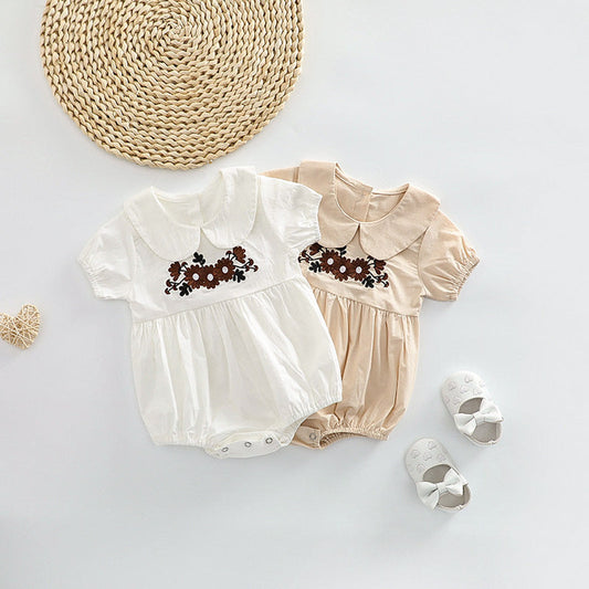 MyKids-USA® Baby Girl Floral Embroidered Pattern Doll Neck Solid Color bodysuit