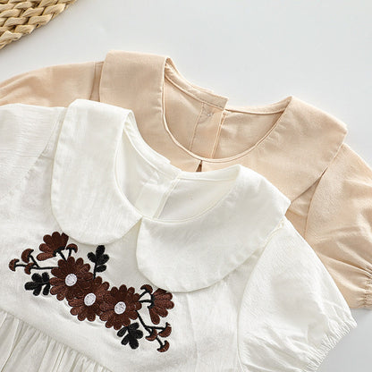 MyKids-USA® Baby Girl Floral Embroidered Pattern Doll Neck Solid Color bodysuit
