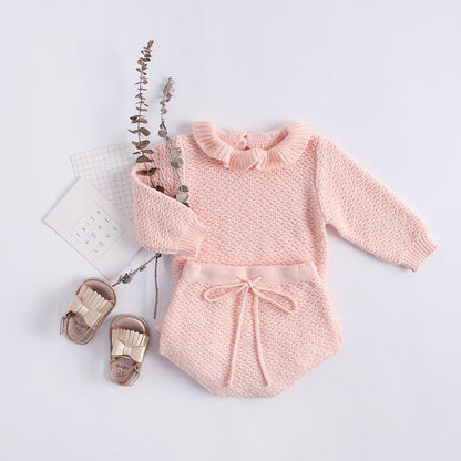 MyKids-USA® Baby Girl Ruffle Neck Solid Shirts And Belted Triangle Shorts Fall Winter Knit Sets