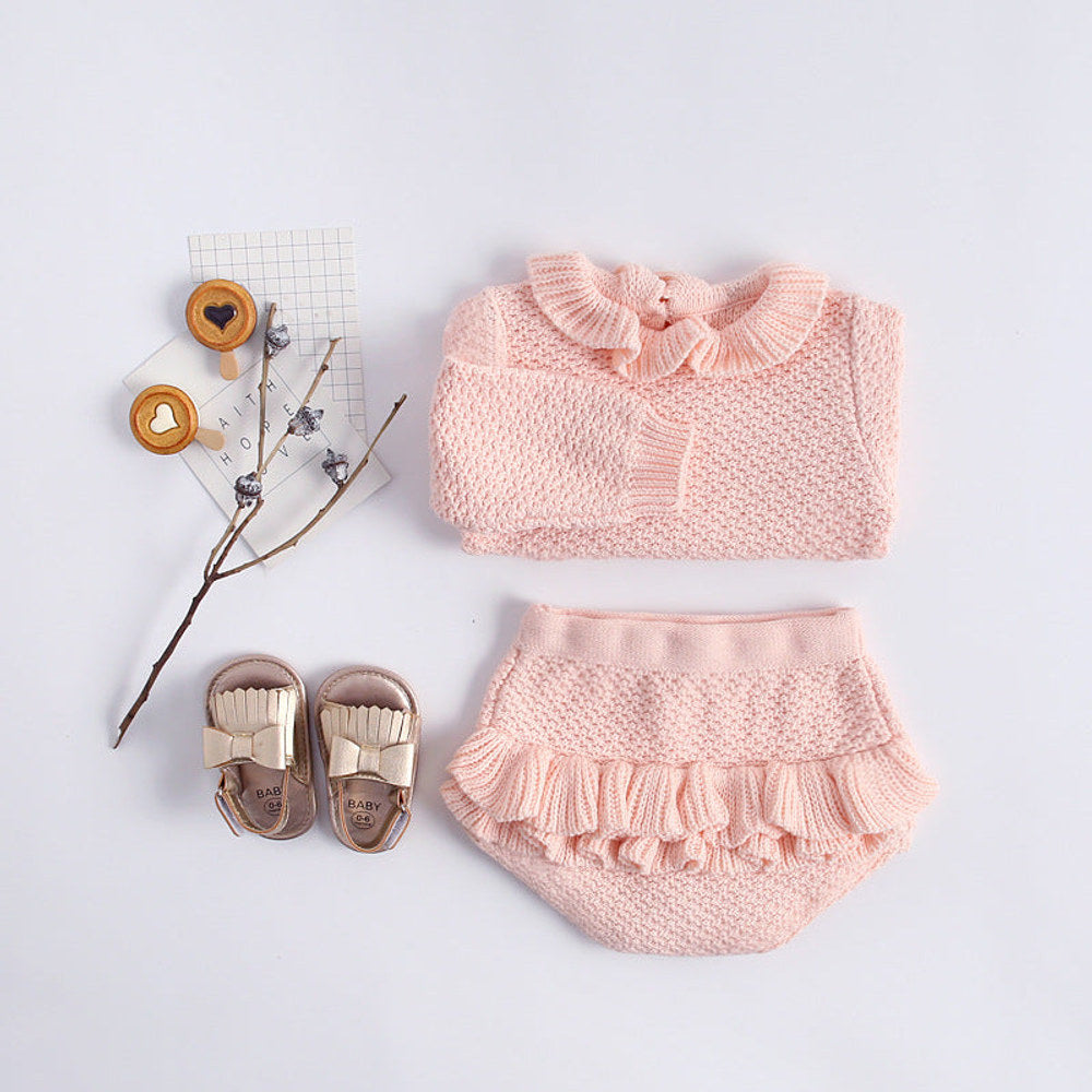 MyKids-USA® Baby Girl Ruffle Neck Solid Shirts And Belted Triangle Shorts Fall Winter Knit Sets
