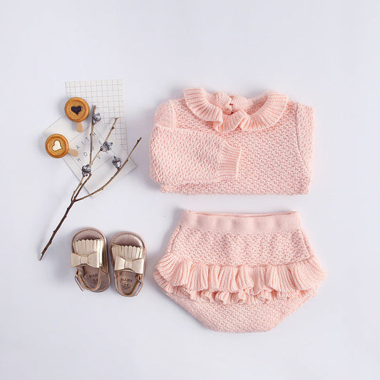 MyKids-USA® Baby Girl Ruffle Neck Solid Shirts And Belted Triangle Shorts Fall Winter Knit Sets