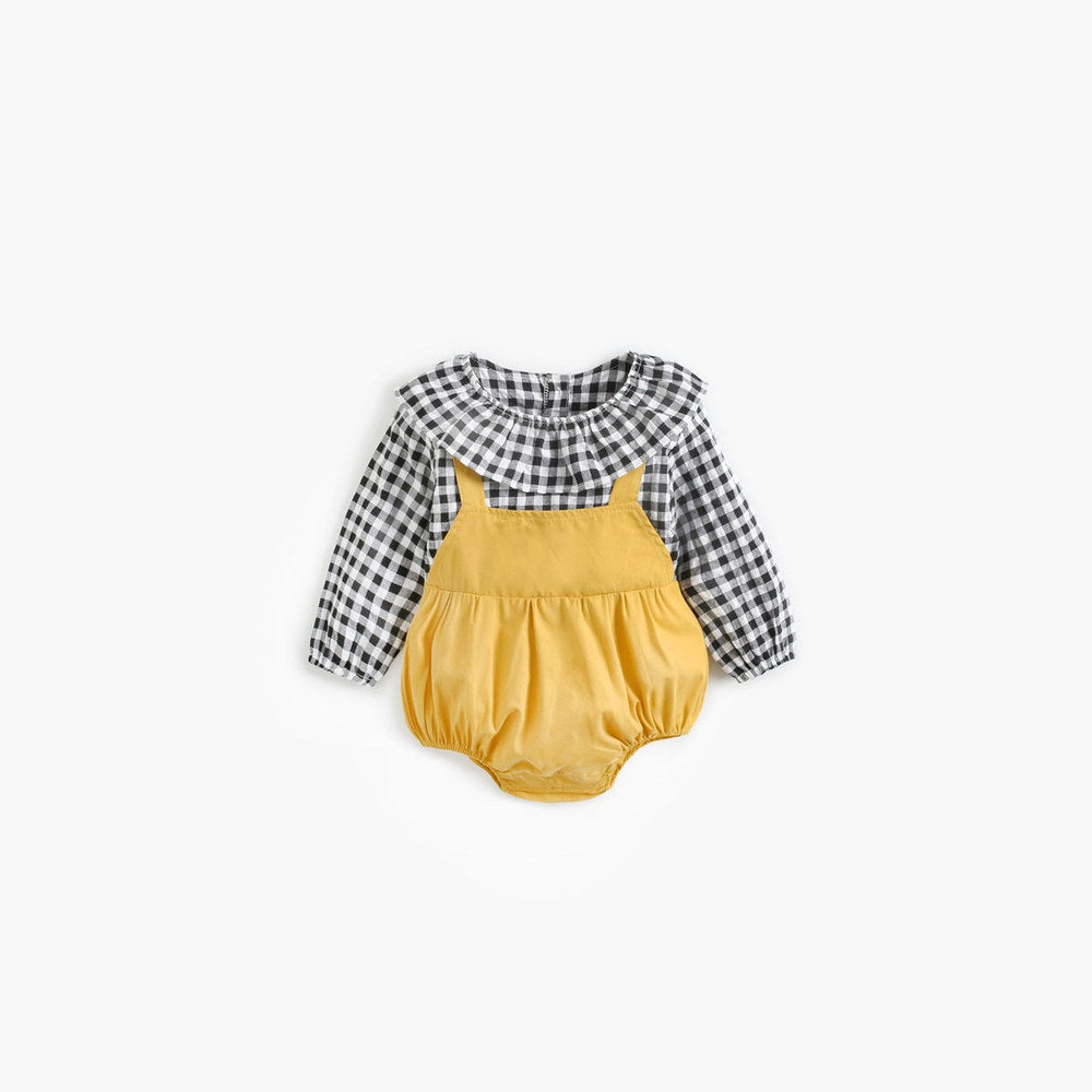 MyKids-USA® Baby Girl Plaid Pattern False Design Ruffle Neck bodysuit