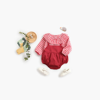 MyKids-USA® Baby Girl Plaid Pattern False Design Ruffle Neck bodysuit