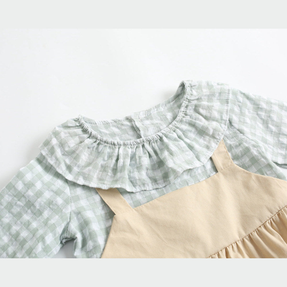 MyKids-USA® Baby Girl Plaid Pattern False Design Ruffle Neck bodysuit