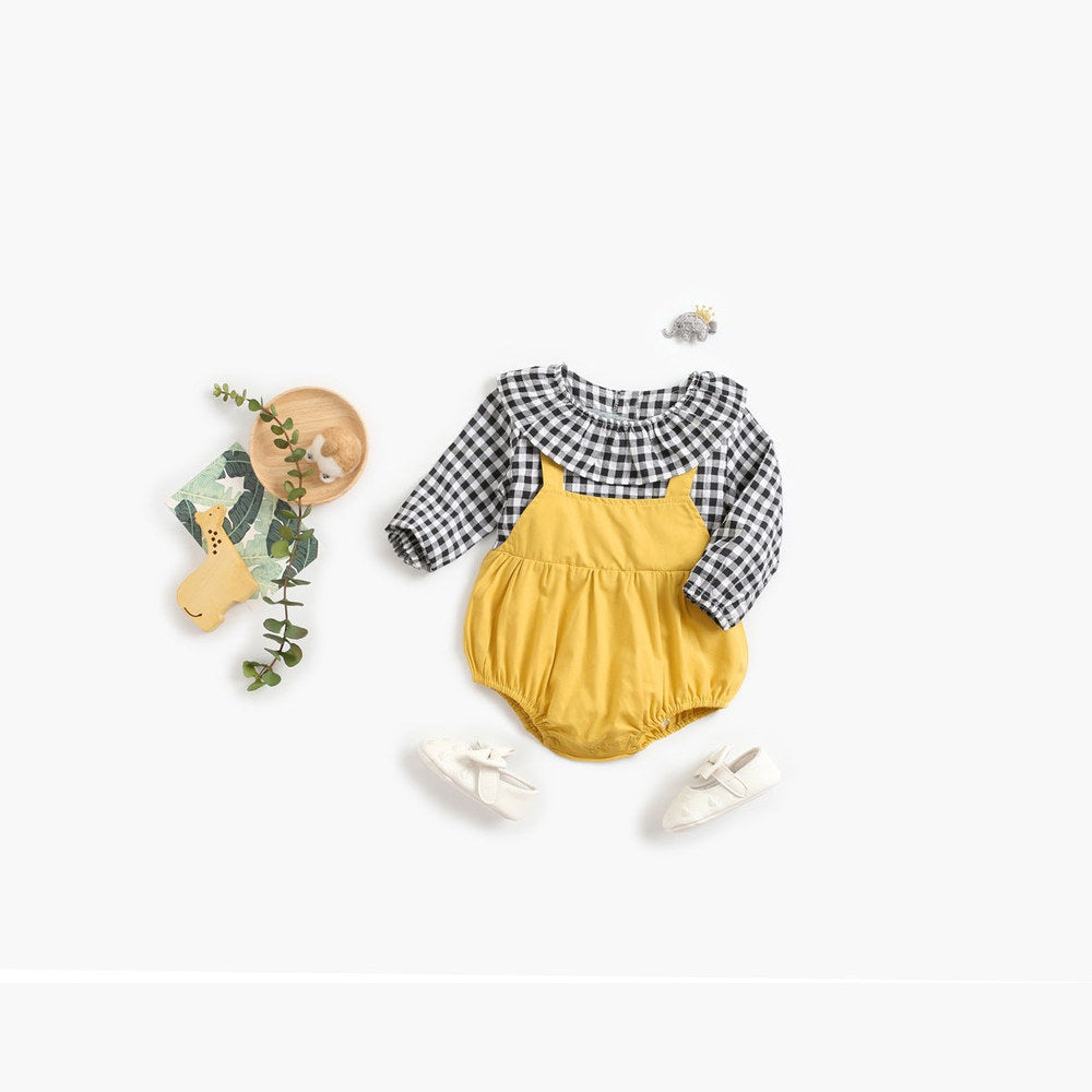 MyKids-USA® Baby Girl Plaid Pattern False Design Ruffle Neck bodysuit