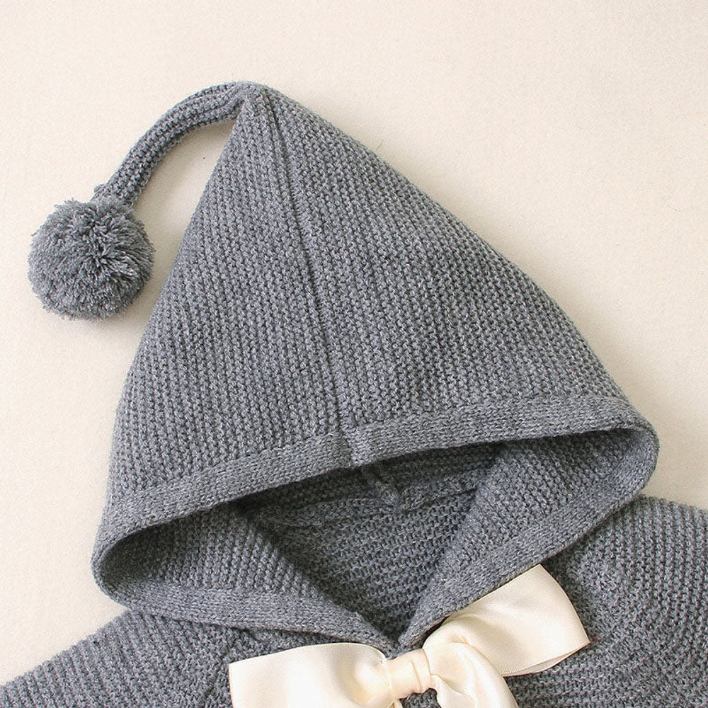 MyKids-USA® Baby Girl 1pcs Solid Color Big Bow Tie Patched Design Shawl Kniited Hoodies With Hat