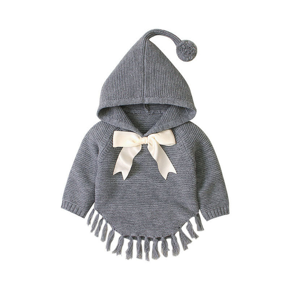 MyKids-USA® Baby Girl 1pcs Solid Color Big Bow Tie Patched Design Shawl Kniited Hoodies With Hat