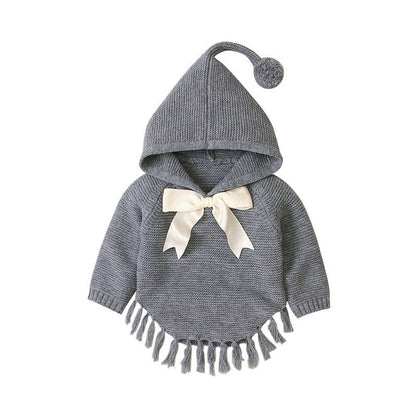 MyKids-USA® Baby Girl 1pcs Solid Color Big Bow Tie Patched Design Shawl Kniited Hoodies With Hat