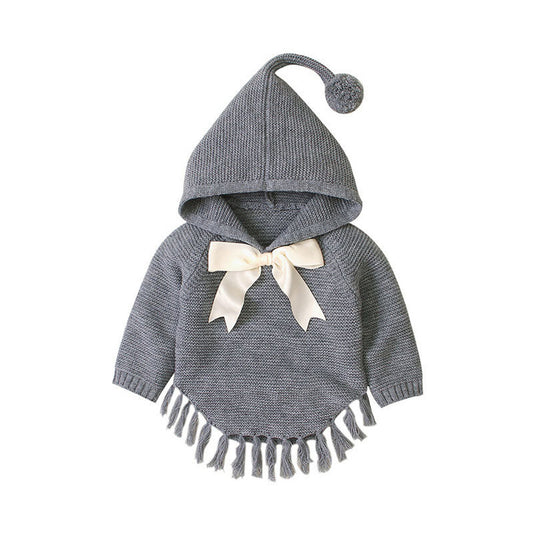 MyKids-USA® Baby Girl 1pcs Solid Color Big Bow Tie Patched Design Shawl Kniited Hoodies With Hat
