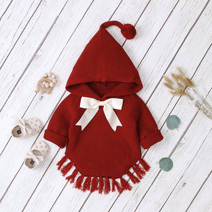 MyKids-USA® Baby Girl 1pcs Solid Color Big Bow Tie Patched Design Shawl Kniited Hoodies With Hat