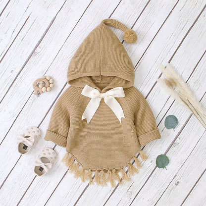 MyKids-USA® Baby Girl 1pcs Solid Color Big Bow Tie Patched Design Shawl Kniited Hoodies With Hat