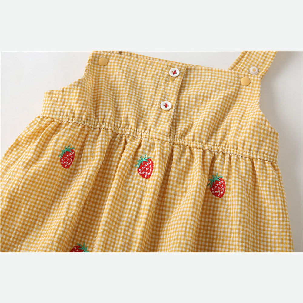 MyKids-USA® Baby Girl Plaid Graphic Strawberries Embroidery Snap Button Jumpsuit & Solid Tee Sets